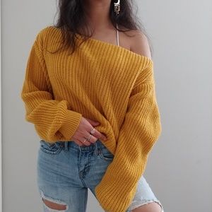 Missguided Mustard Off the Shoulder Knit Sweater